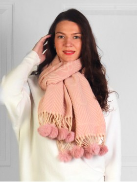 Cashmere Feeling Zig Zag & Rose Scarf with Pom-Poms